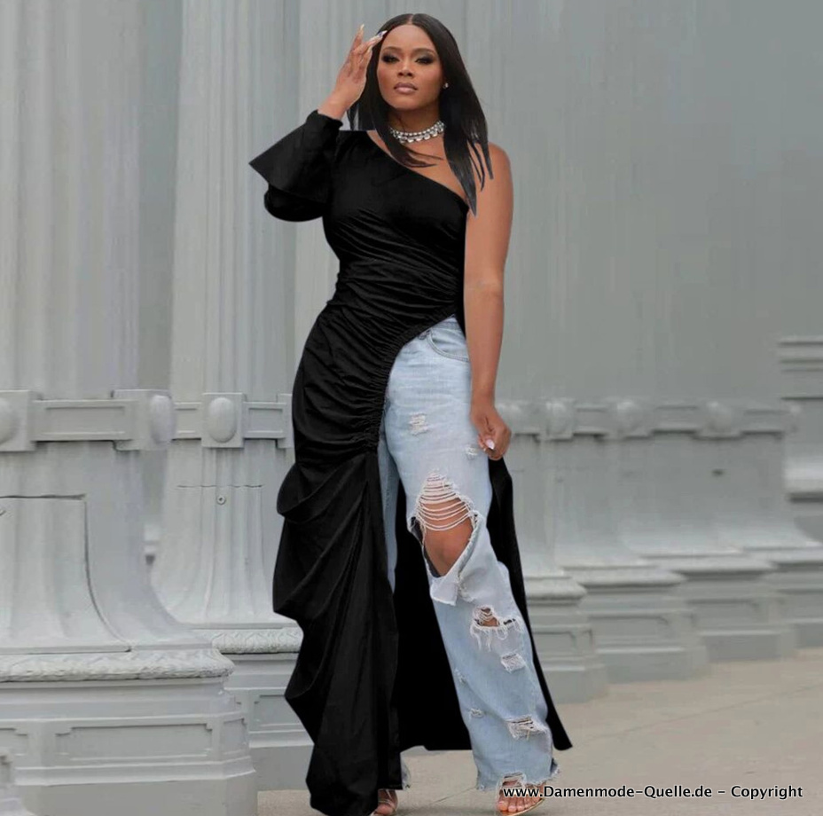 Sexy One Shoulder Long Bluse in Schwarz Elegant