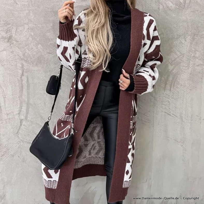 Lange Strickjacke Herbst Frühling Cardigan in Braun&nbsp;Weiß