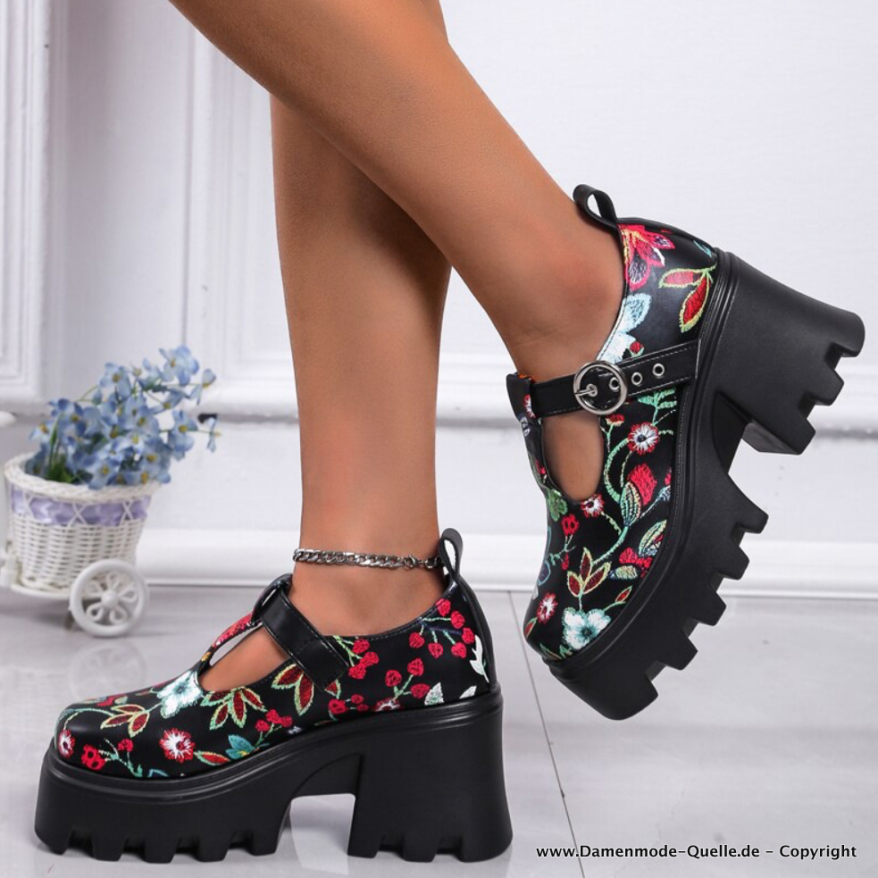 Mary Jane Damen Schuhe Schwarz mit&nbsp;Blumenmuster