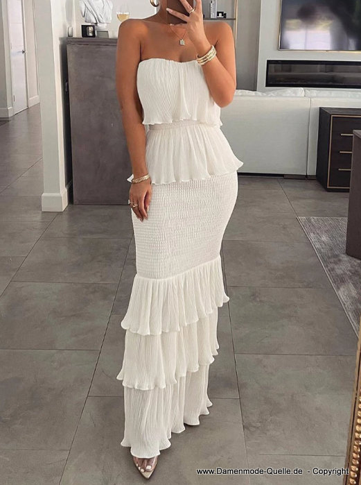 Bustie Vintage Sommerkleid Lang in Weiß mit&nbsp;Raffungen