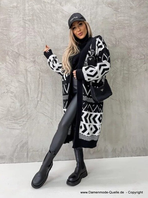 Herbst Winter Damen Strickjacke mit Vintage Muster Schwarz&nbsp;Weiß