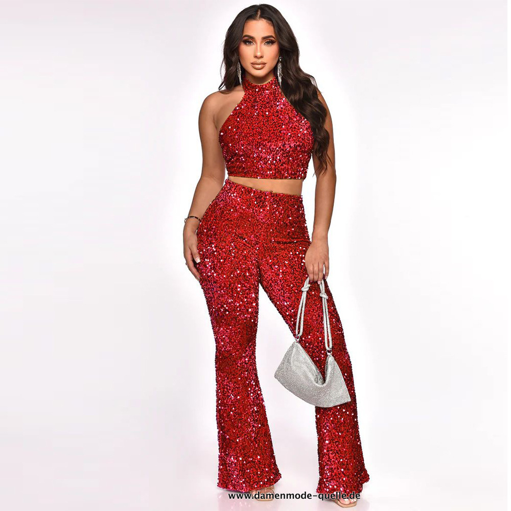 Rotes Pailletten Neckholder Crop Top und Hose im&nbsp;Set