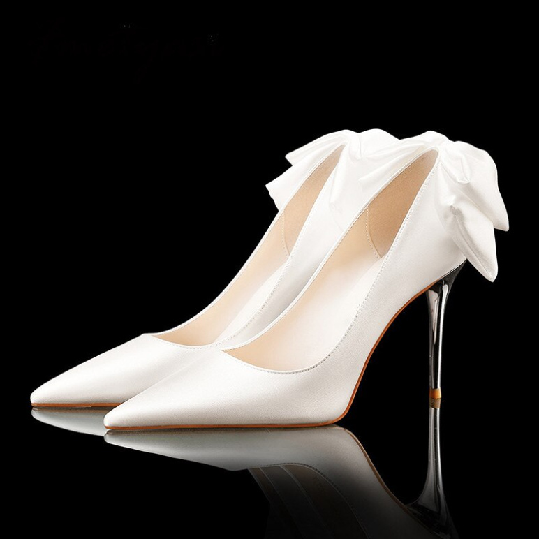 Satin Pumps Brautschuhe Hochzeitsschuhe in Weiß mit&nbsp;Schleife
