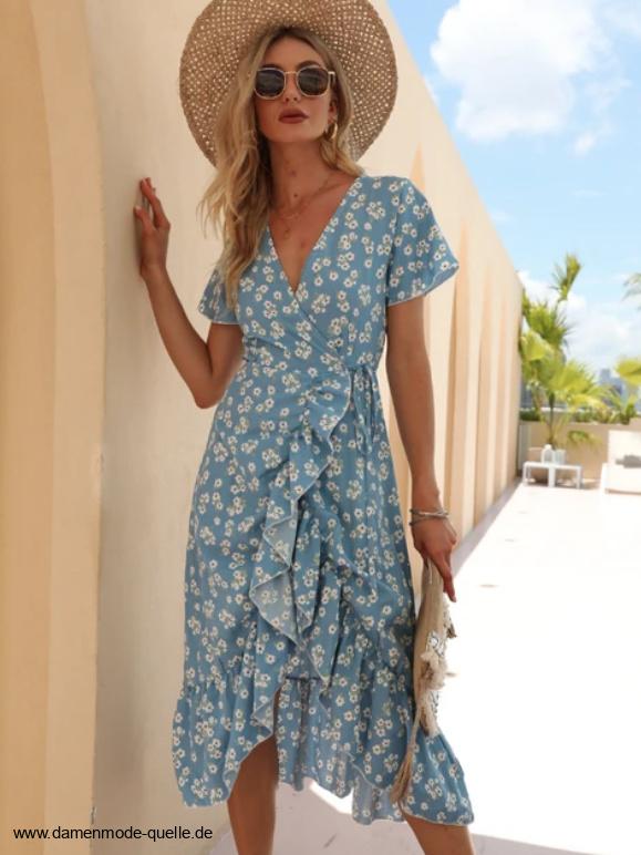 V Ausschnitt Kurzarm Wickel Sommerkleid mit Blumenmuster&nbsp;Hellblau