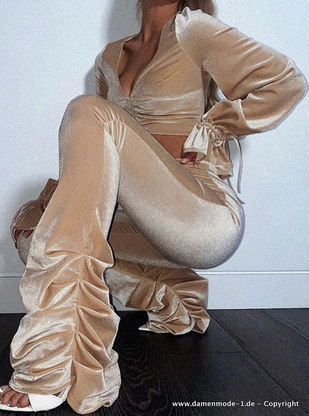Sexy Loungewear mit V-ausschnitt Freizeitanzug in&nbsp;Gold