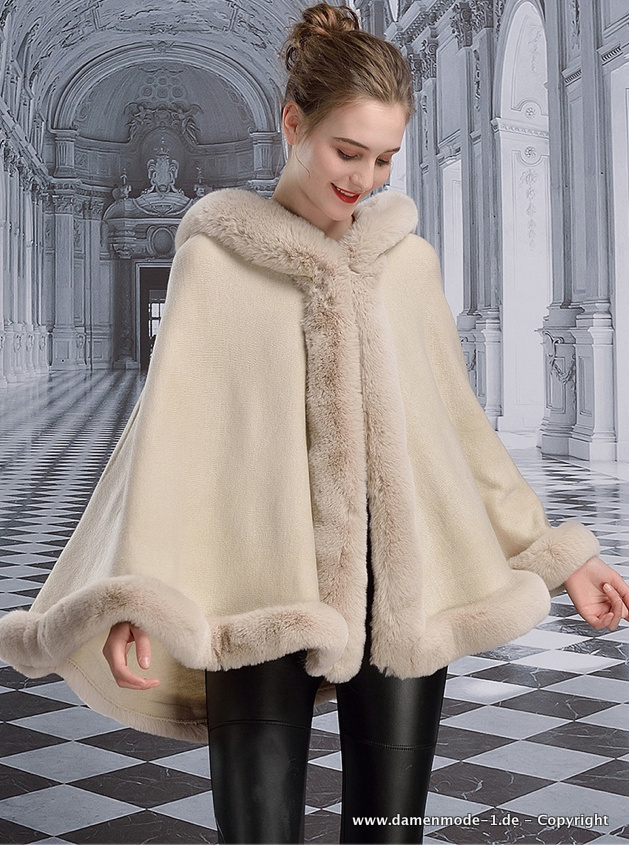 Plüsch Kunstpelz Cape Poncho mit Kapuze in&nbsp;Beige