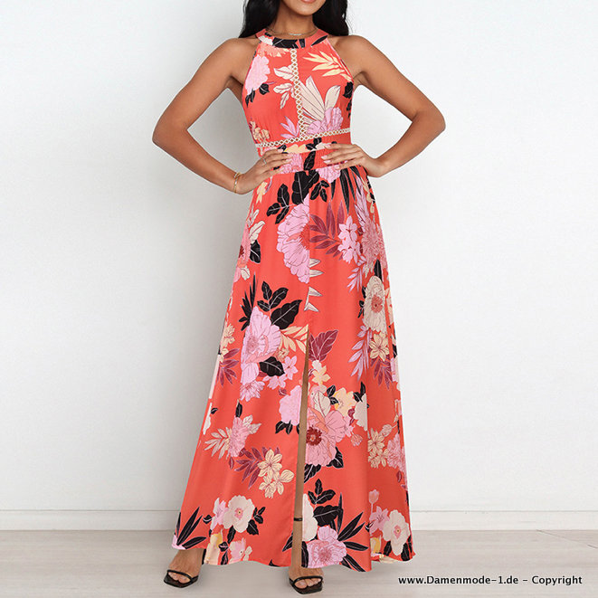 Elegantes Blumen Kleid Lang mit Kreuzträger in&nbsp;Rot