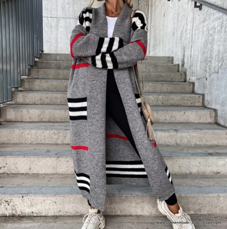 Lange Strickjacke Cardigan in Silber Grau&nbsp;Gestreift