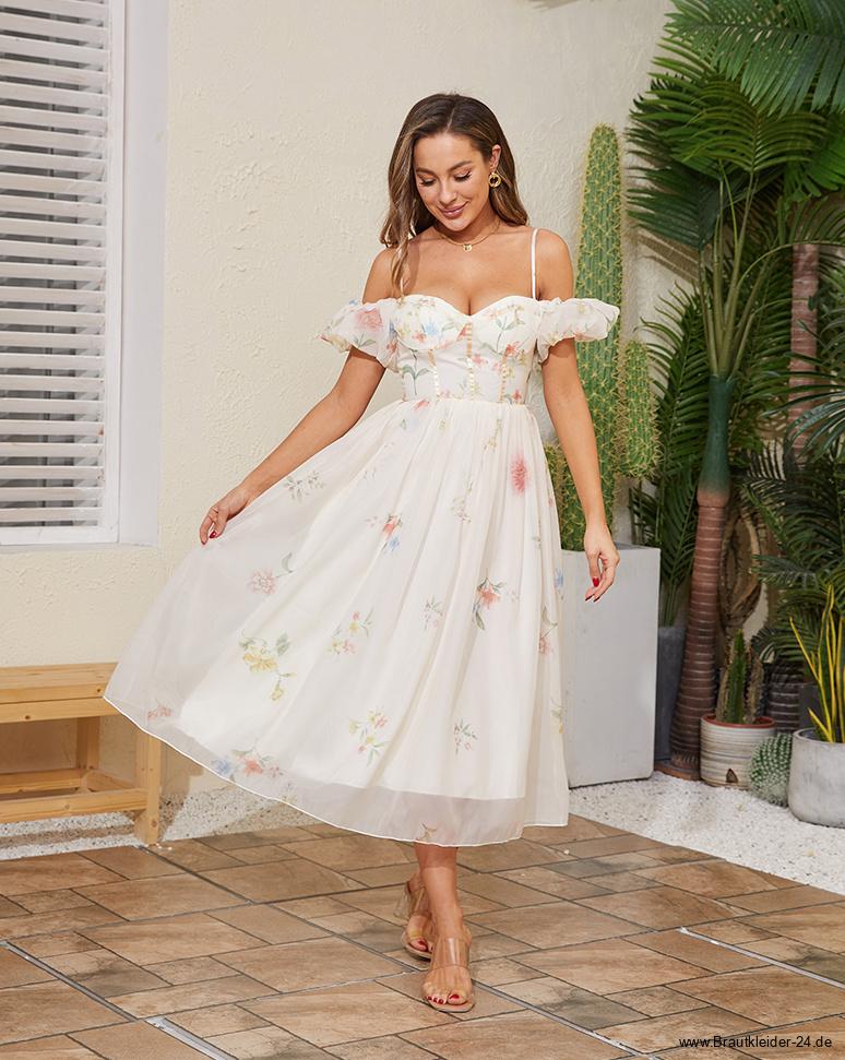 Spaghettiträger Chiffon Standesamtkleid Hazel Wadenlang mit&nbsp;Blumenmuster