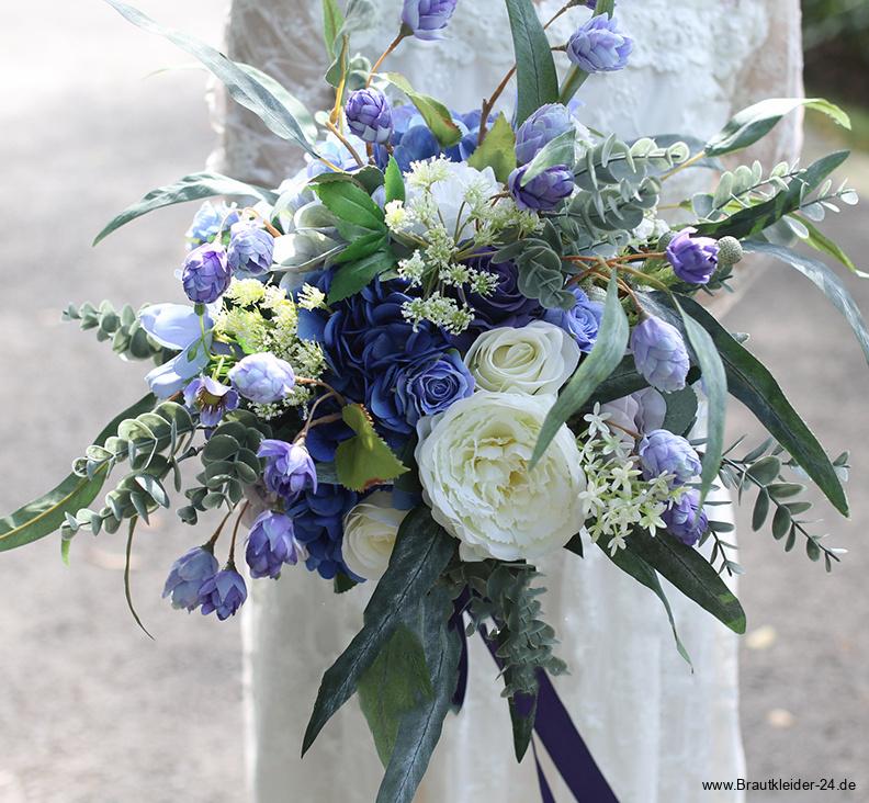 Boho Style Hochzeit Bouquet Brautstrauß in Blau Weiß mit Seiden&nbsp;Blumen