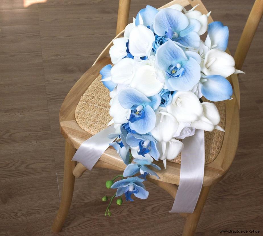 Hochzeit Bouquet Brautstrauß Hellrun mit Cala und Orchideen Blau&nbsp;Weiß