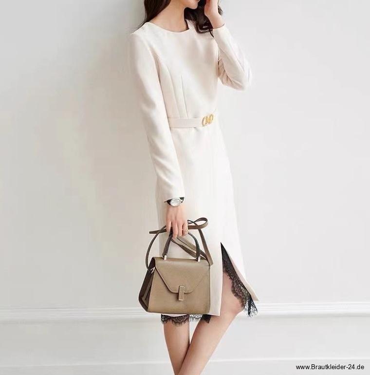 Langarm Midi Standesamtkleid für die Braut mit Schwarze&nbsp;Spitze