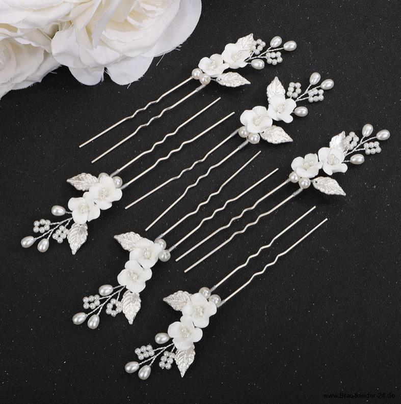 Perlen Porzellan Blumen Braut Haarnadeln 6 Stück in&nbsp;Silber