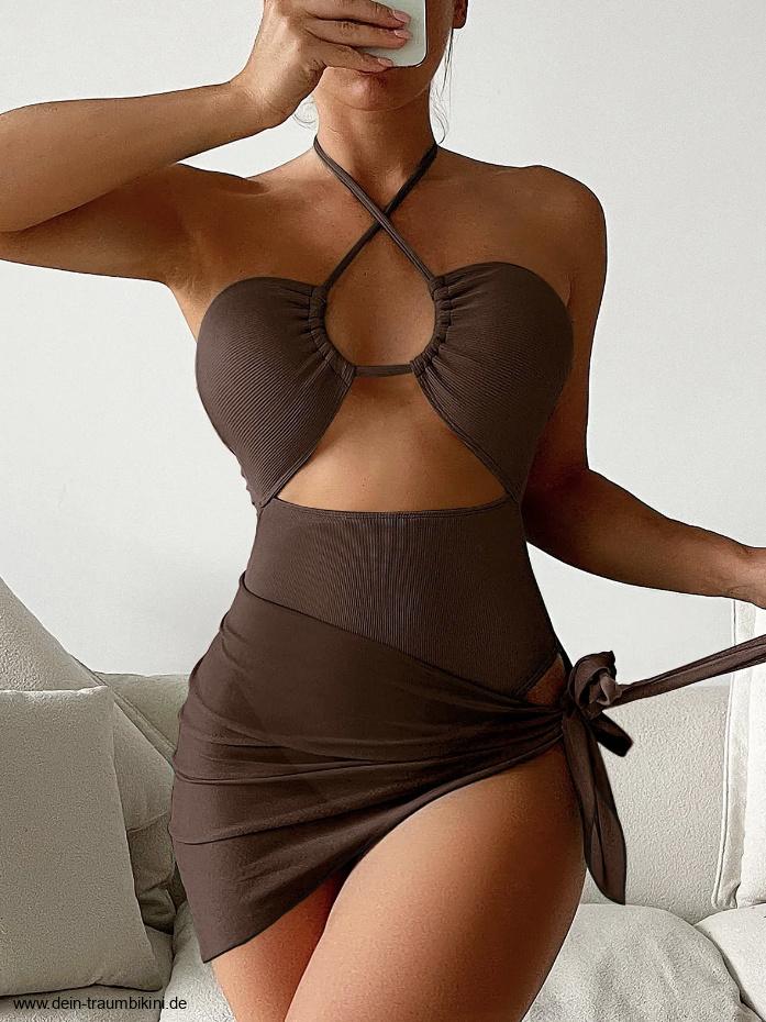 Sexy Neckholder Badeanzug mit Hohe Taille und Tuch in&nbsp;Braun