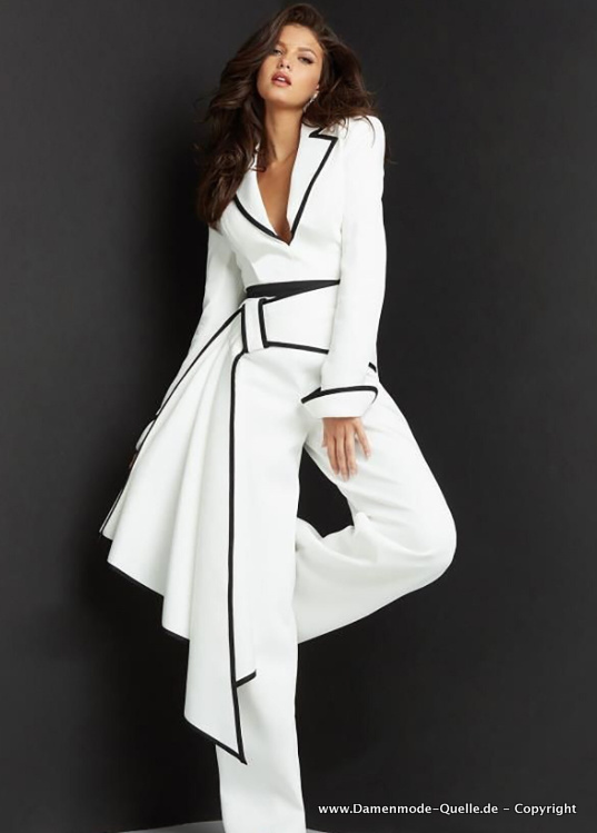 Eleganter Hosenanzug mit Schärpe Weiß mit Applikationen in&nbsp;Schwarz