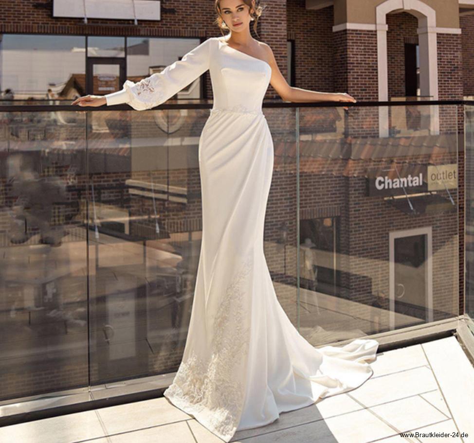 Sexy One Shoulder Standesamtkleid Hanna für die Braut Bodenlang mit&nbsp;Spitze