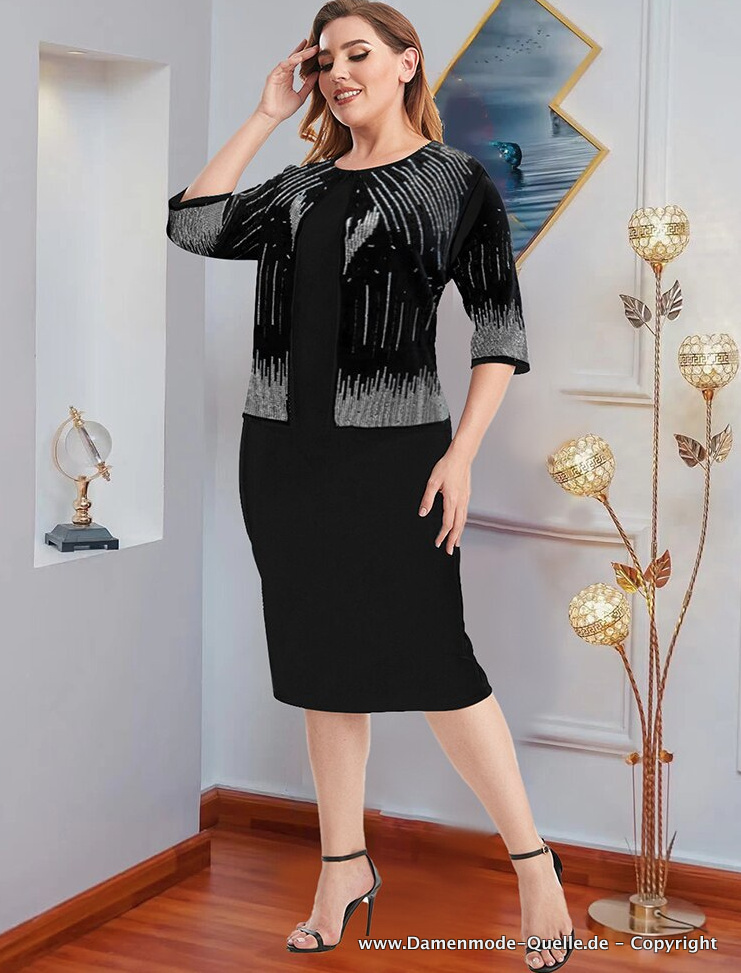 Elegantes Dreiviertelärmel Plus Size Kleid in Schwarz bis 5 XL mit&nbsp;Diamanten