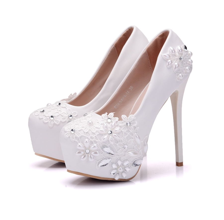 Plateau High Heel Brautschuhe Hochzeitsschuhe Estrella mit Blumen Spitze&nbsp;Perlen
