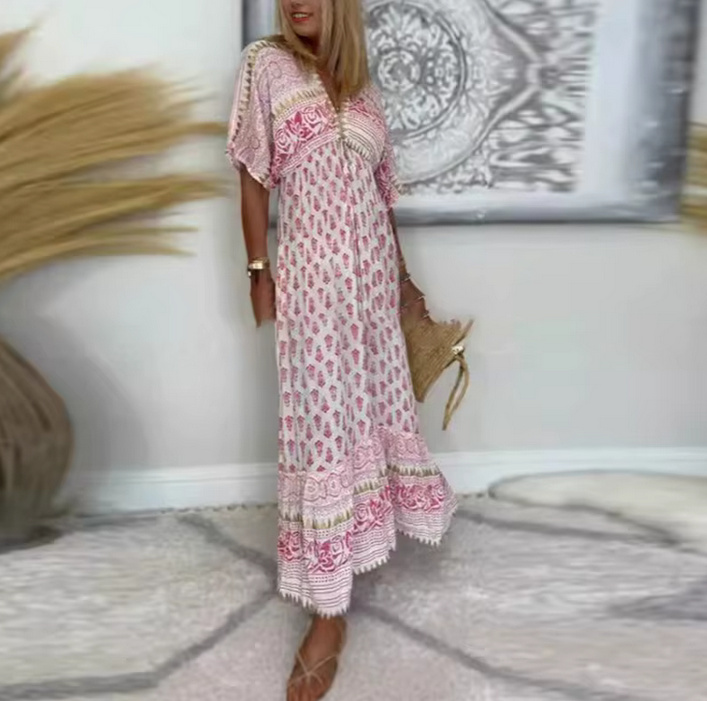 A-Linie Boho Style Sommerkleid 2025 mit V Ausschnitt Weiß&nbsp;Rosa