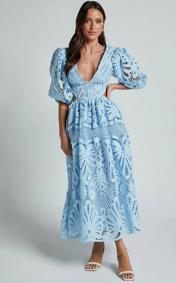 A Linie Cut Out Kleid aus Spitze Elegant für Hochzeitsgäste in&nbsp;Hellblau