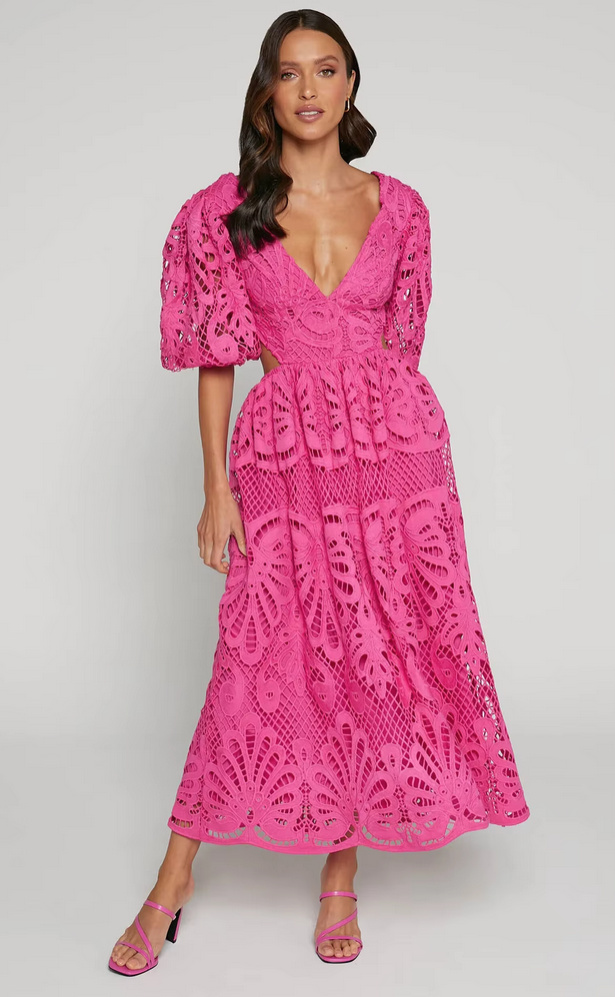 A Linie Cut Out Kleid aus Spitze Elegant für Hochzeitsgäste in&nbsp;Pink