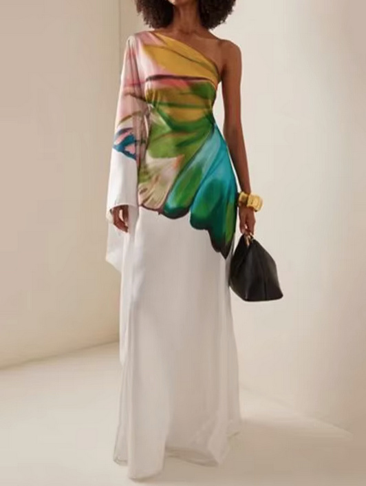 One Shoulder Satin Sommerkleid 2025 Elegant Lang mit&nbsp;Muster