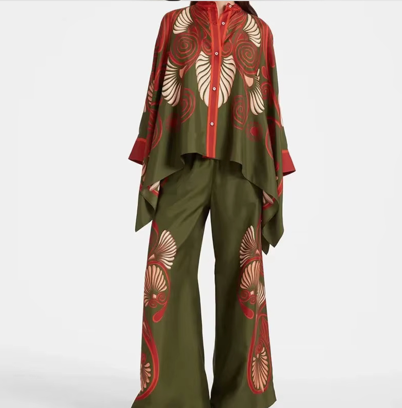 Satin Sommer Zweiteiler 2025 Damen Outfit Grün mit Vintage&nbsp;Muster