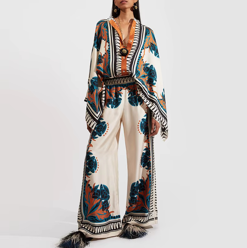 Satin Sommer Zweiteiler 2025 Damen Outfit mit Vintage&nbsp;Muster