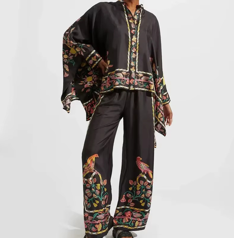 Satin Sommer Zweiteiler 2025 Damen Outfit Schwarz mit Blumen&nbsp;Muster