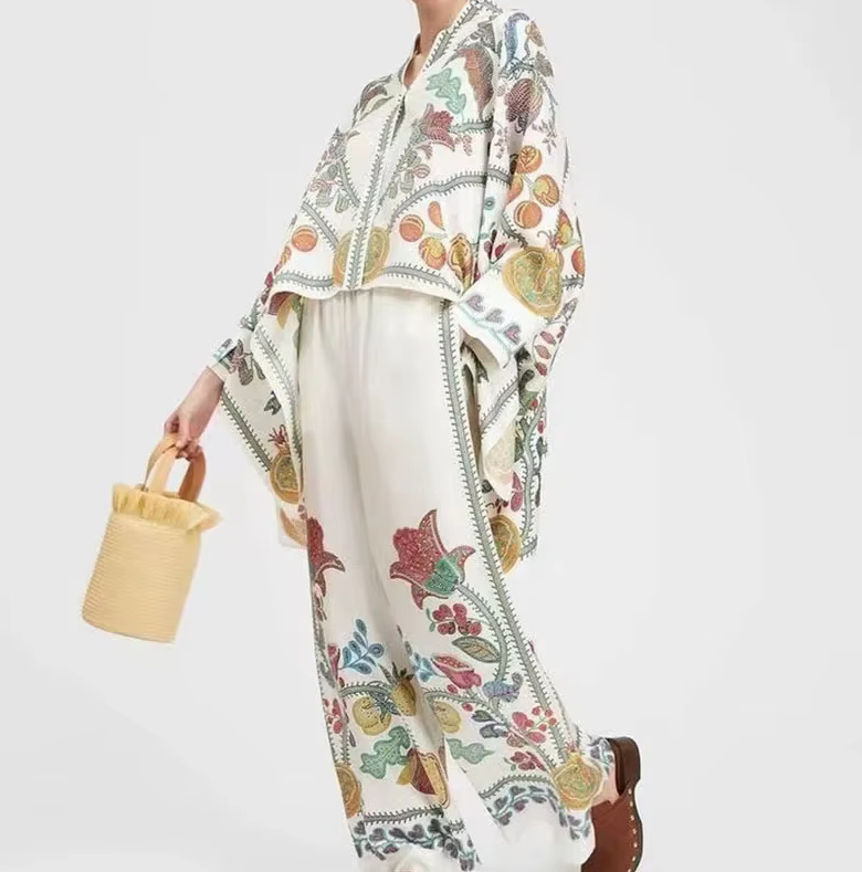 Satin Sommer Zweiteiler 2025 Damen Outfit Weiß mit Blumen&nbsp;Muster