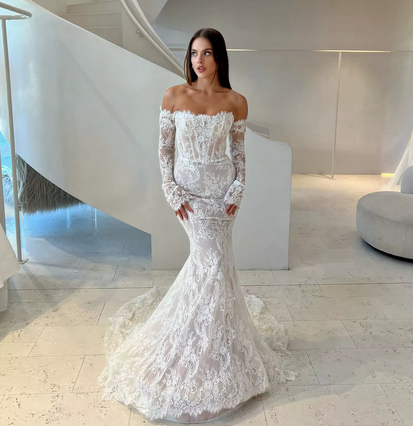 Schulterfreies Fit and Flare Brautkleid 2025 Delilah aus Spitze&nbsp;Rückenfrei