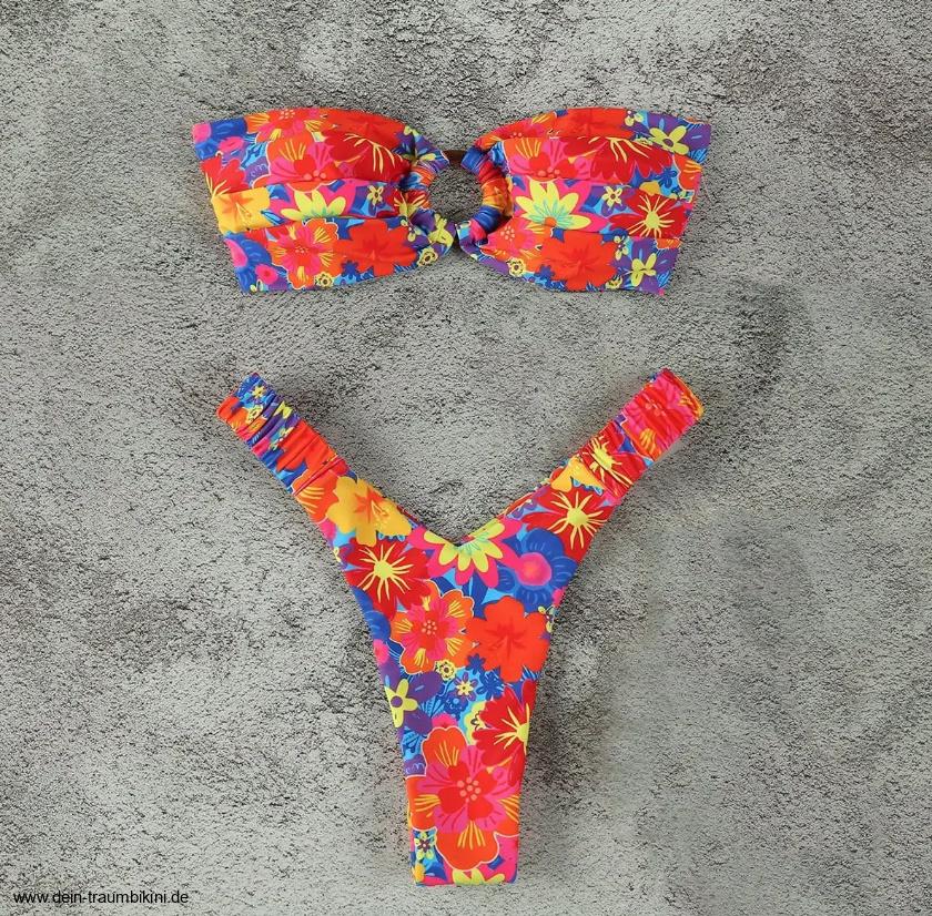 Bandeau Brasilianischer Bikini zum Binden in Rot mit Bunte&nbsp;Blumen