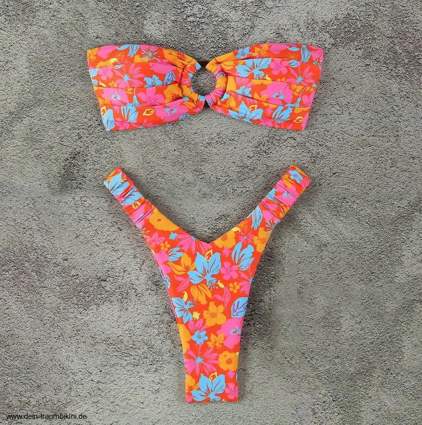 Bandeau Brasilianischer Bikini zum Binden in Orange mit&nbsp;Blumen