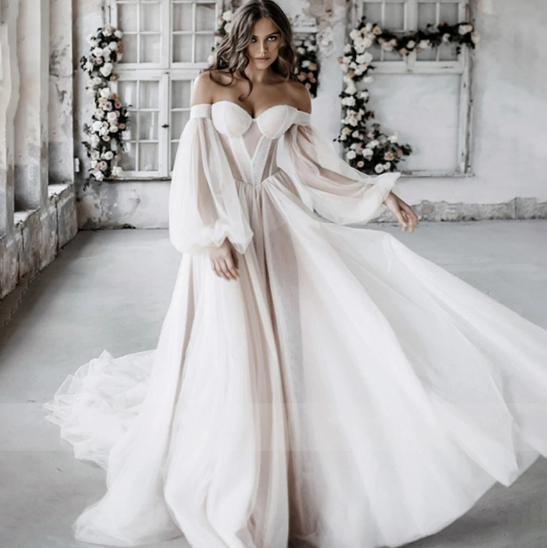 Schulterfreies Boho Brautkleid Elisabeth mit&nbsp;Puffärmel