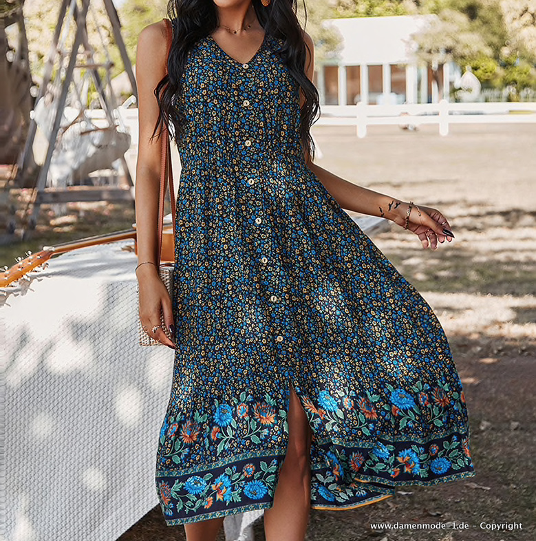 A Linie Boho Sommerkleid Wadenlang mit V Ausschnitt und Blumen&nbsp;Blau