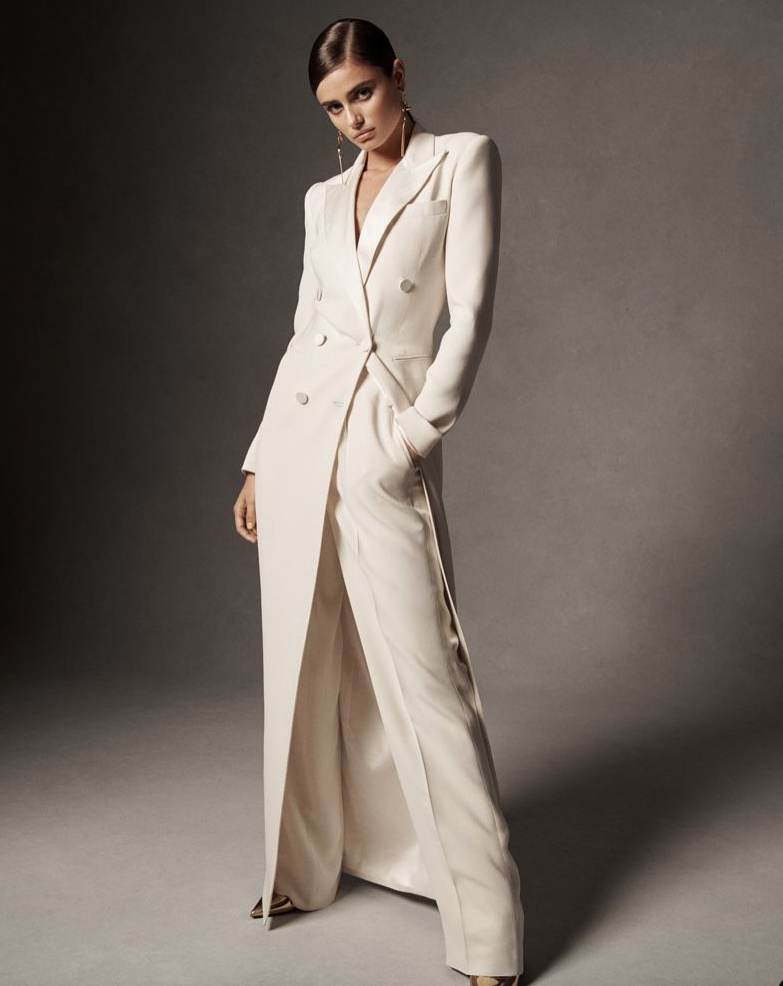 Zweireiher Hosenanzug für die Braut mit Langer Blazer und Hose&nbsp;Weiß