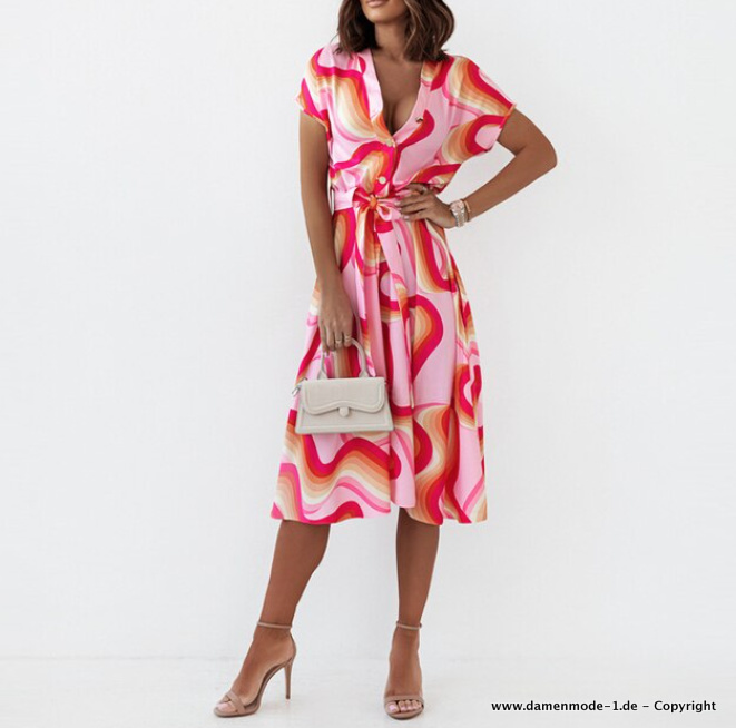 A Linie Sommerkleid Wadenlang Rosarot mit Retro&nbsp;Muster