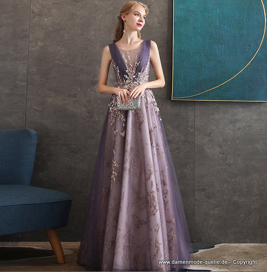 Lila Abendkleid mit Sheer Neck und&nbsp;Applikationen