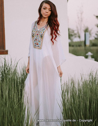 Weiße Chiffon Tunika Strandkleid Sommerkleid&nbsp;Bestickt