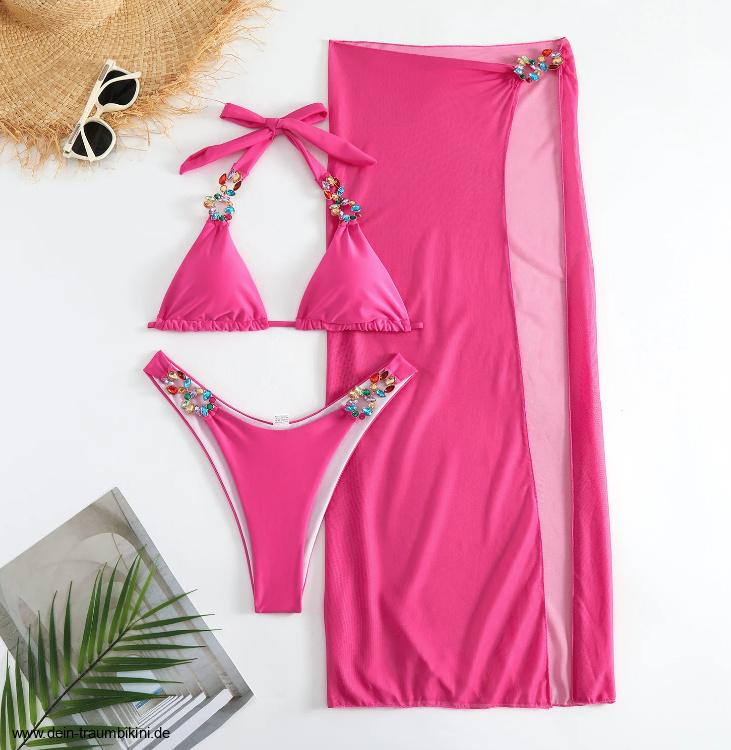 Halterneck Bikini Set mit Strass und Rock in&nbsp;Pink