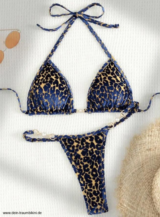 Samt Leopard Print Micro Halterneck Bikini Blau&nbsp;Gelb