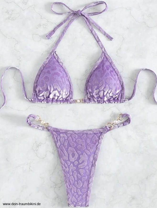 Samt Leopard Print Micro Halterneck Bikini&nbsp;Flieder
