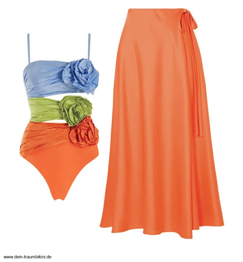 Spaghettiträger Badeanzug Yade mit 3D Blumen und Rock im&nbsp;Set