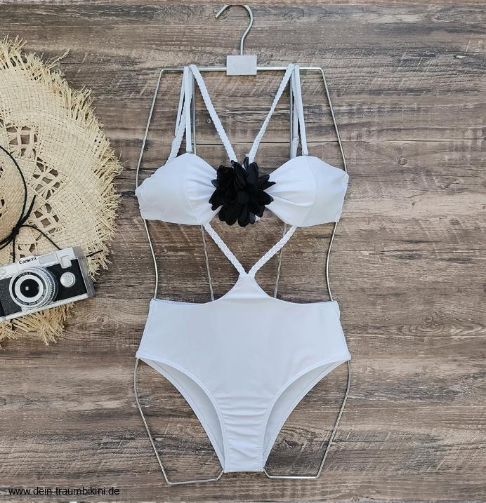 Triangle Cut Out Badeanzug mit 3D Blume&nbsp;Weiß