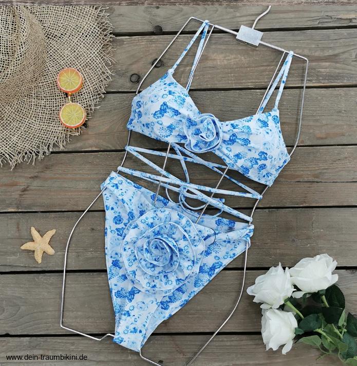 Triangle Bikini in Blau Weiß mit&nbsp;Blumenmuster