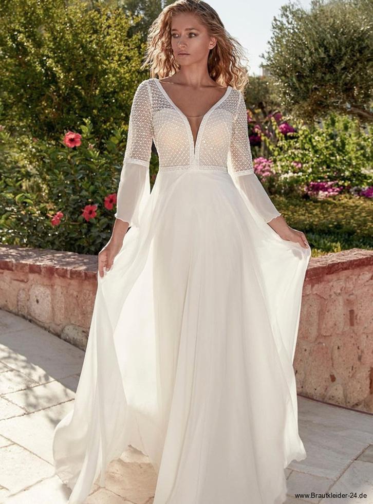 Langarm Boho Chiffon Brautkleid Kamaka mit V&nbsp;Ausschnitt