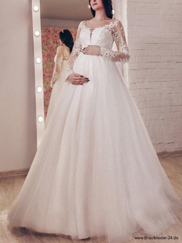 Langarm A Linie Umstandsbrautkleid mit Spitze&nbsp;Bodenlang