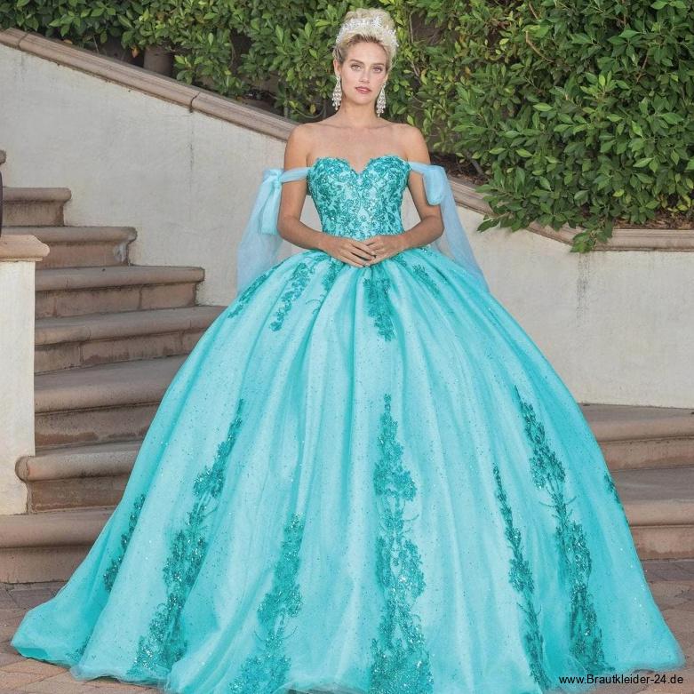 Schulterfreies Prinzessin Quinceanera Brautkleid Katalin in Hellblau mit&nbsp;Spitze