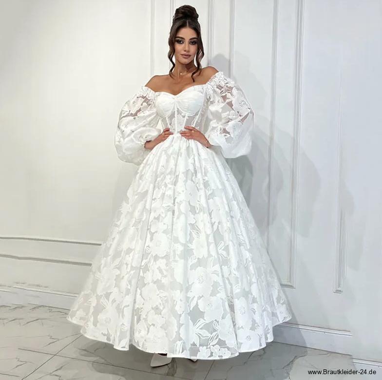 Schulterfreies Vintage Style Brautkleid Knöchellang mit&nbsp;Blumenspitze