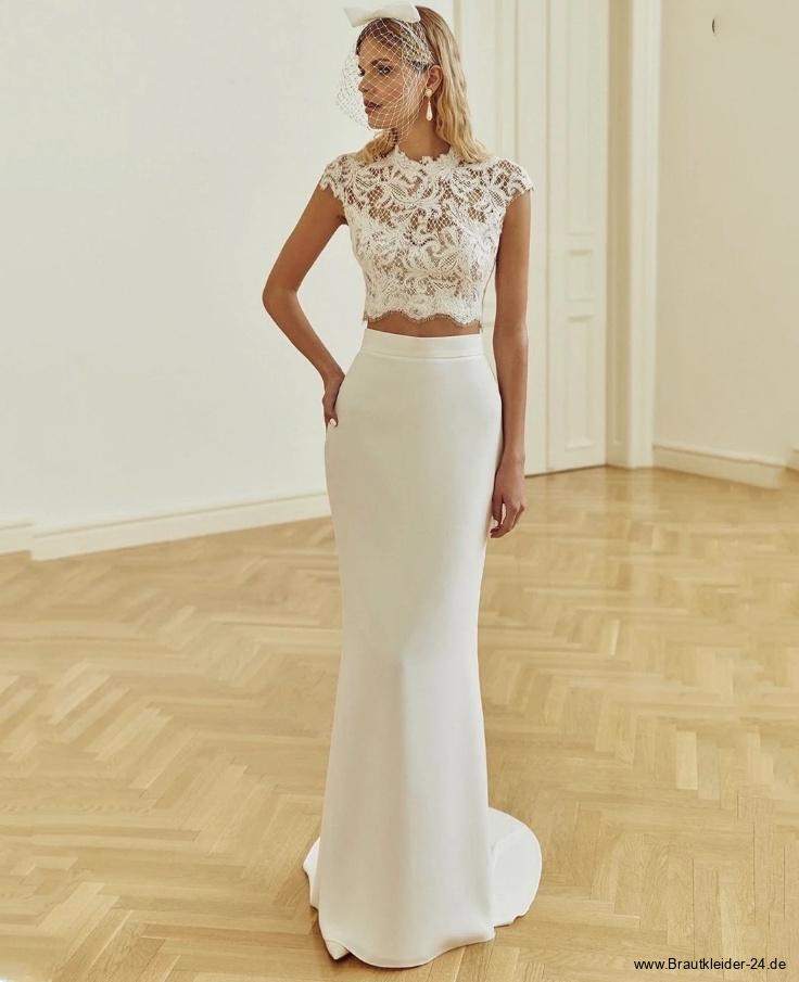 I Linie Brautkleid Zweiteilig aus Spitze&nbsp;Hochgeschlossen